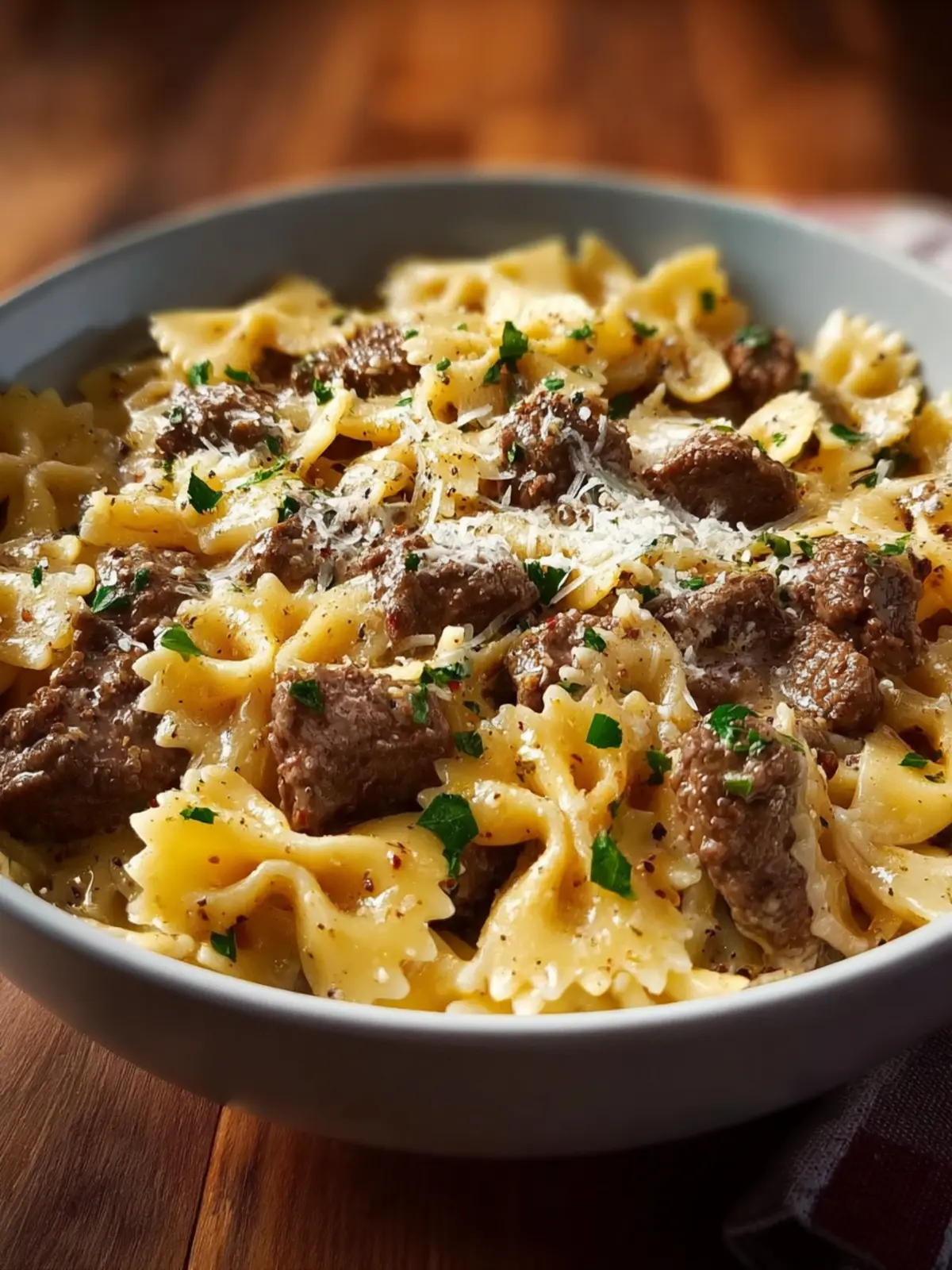 Creamy Parmesan Garlic Beef Bowtie Pasta First Image
