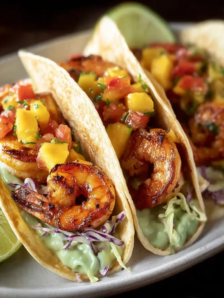 Shrimp Tacos with Avocado Crema Slaw and Mango Pico First Image
