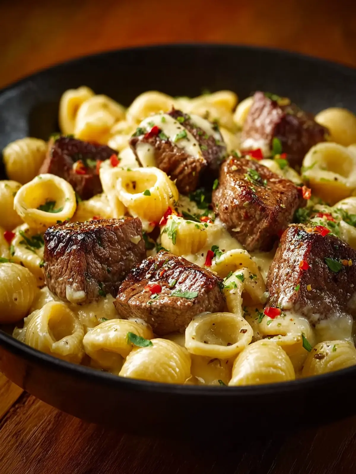 Steak Bites and Shell Pasta in Garlic Butter Alfredo Sauce First Image